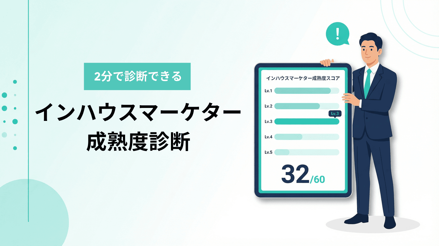 インハウスマーケター成熟度診断のキービジュアル — マーケターがPCに向かうイラスト