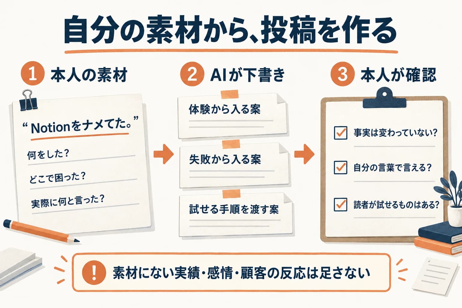 本人の素材からAIが複数の下書きを作り、本人が事実と言葉を確認する