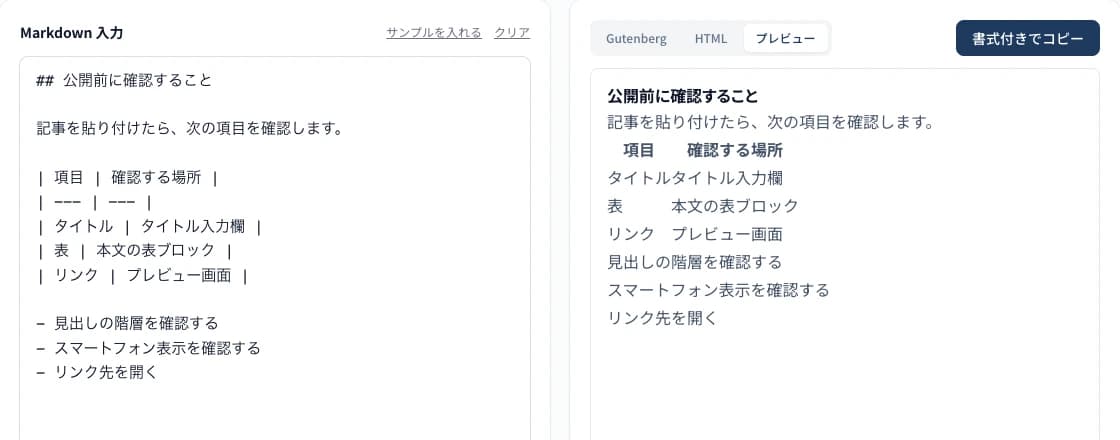 修正前のプレビュー。表のセルが詰まり箇条書きの記号が表示されていない