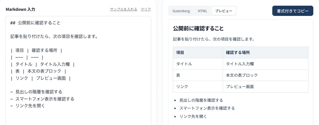 Markdown原稿を入力し、表と箇条書きへ変換したThinkMoveのツール画面
